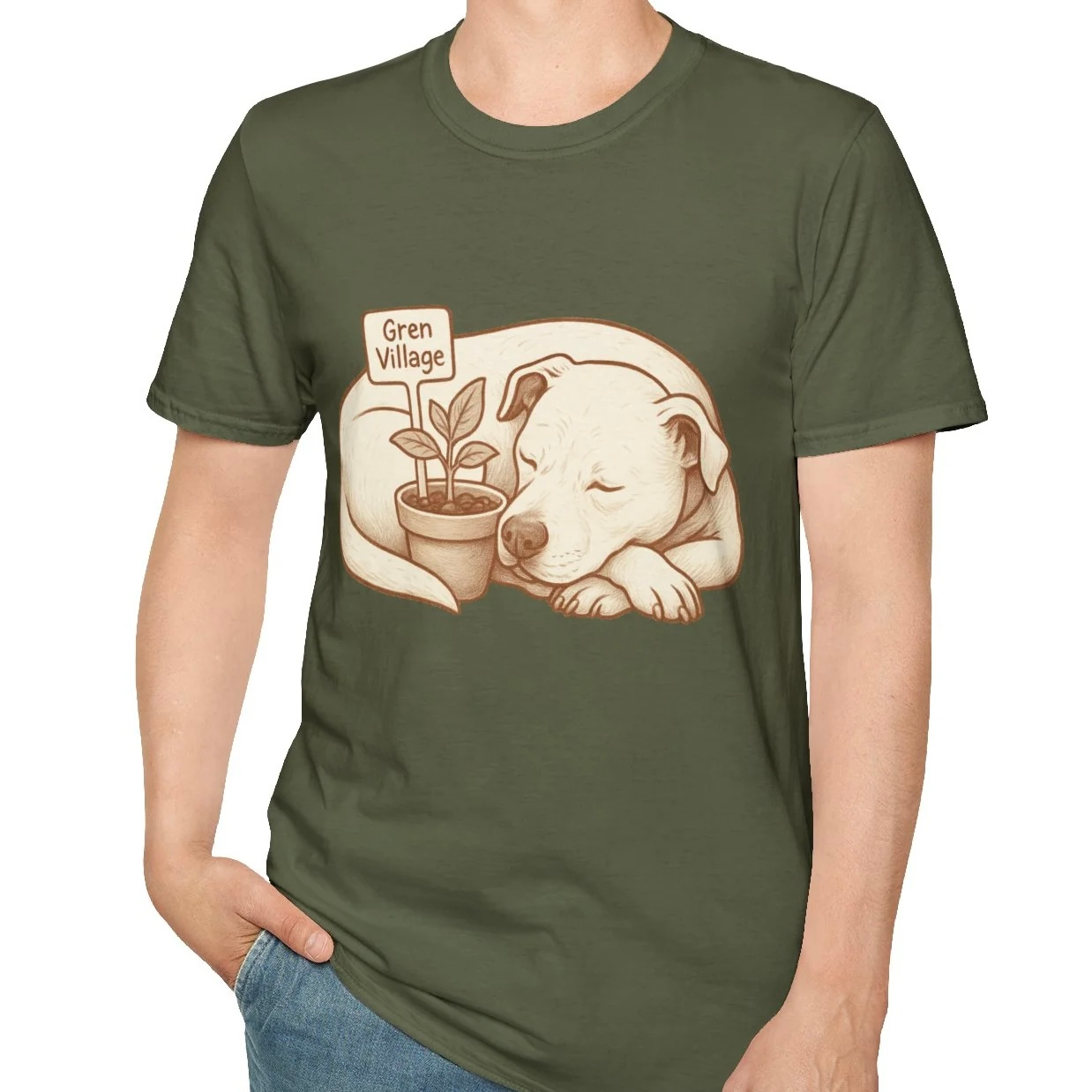 T-shirt design featuring a dog curled up next to a potted plant with a sign that says Gren Village.